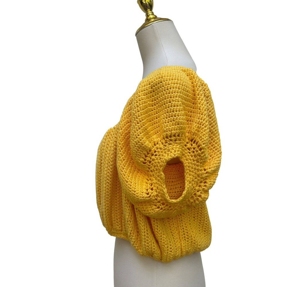 Crochet Knit Crop Top Yellow Sm/Md Puff Sleeve Summer Boho Festival Vibrant 70's - Picture 4 of 7